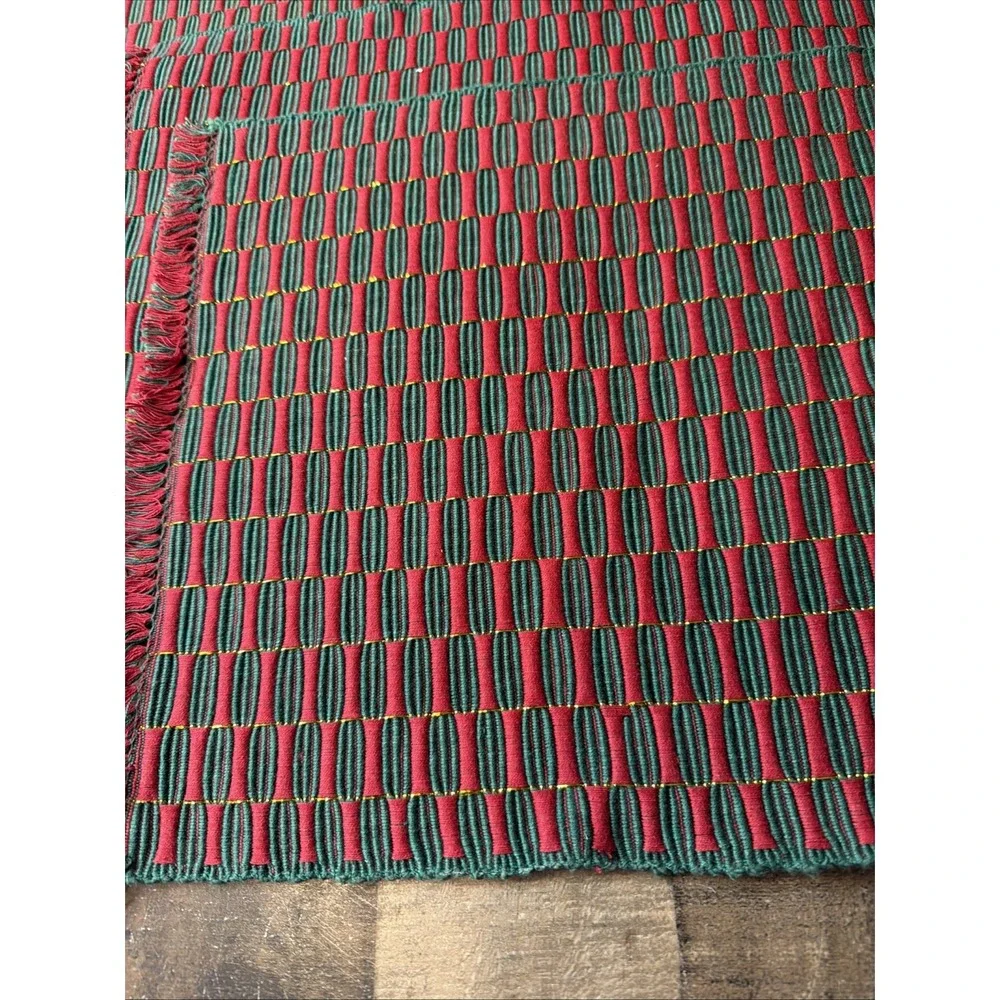Vtg Handwoven Placemats Set of 5 Red Hunter‎ Green Metallic Gold Illusion Fringe